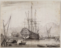 S 002
<br/>
Oorlogschip 'Zantvoort' in afbouwfase in de Grashaven te Hoorn
<br/>
<em>Rietschoof, Jan Claesz. (1652-1719)</em>
